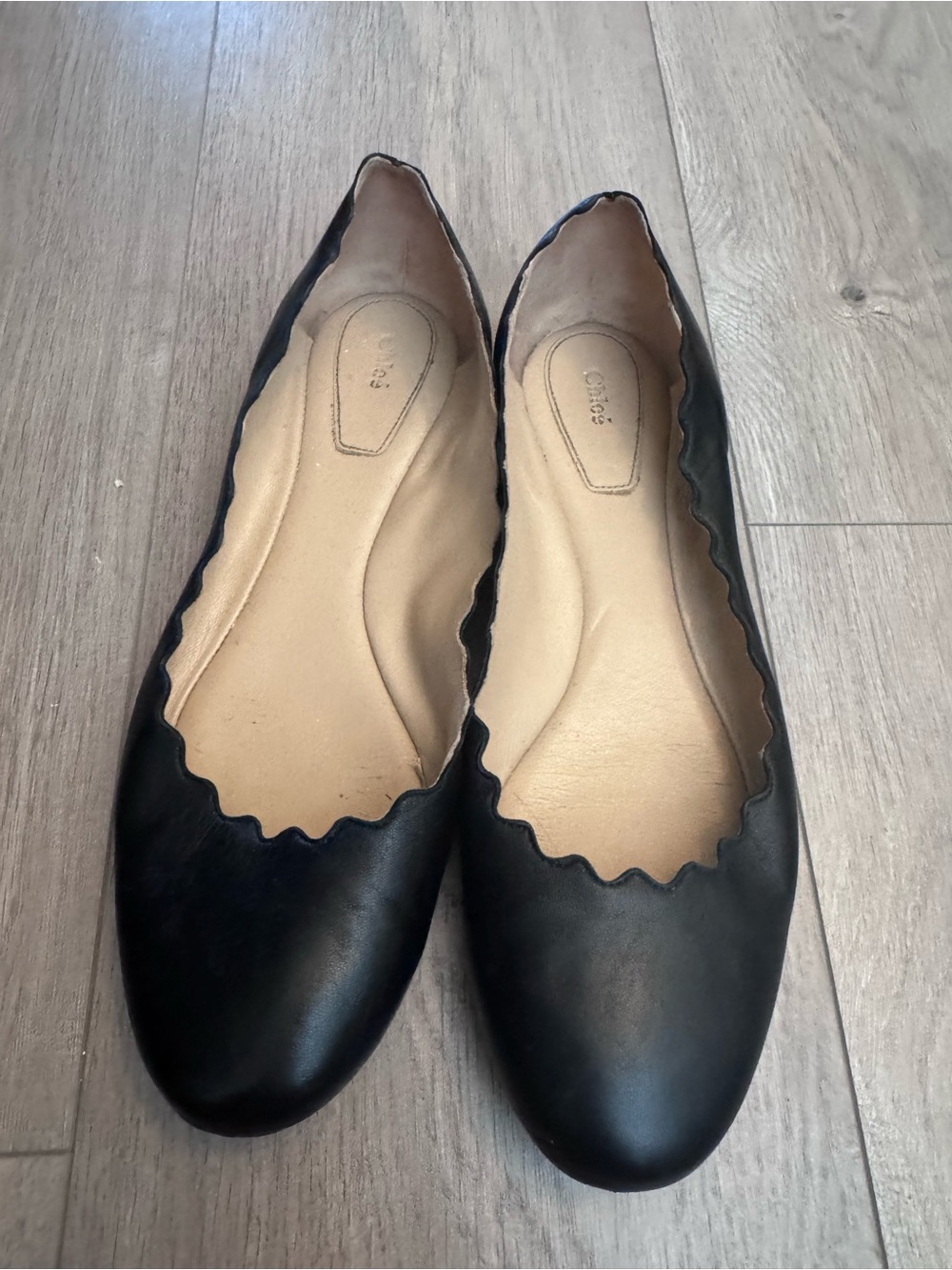 Chloe Black Scalloped Leather Ballet Flats